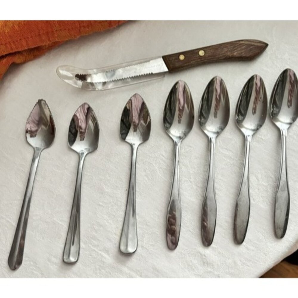 7 Varied Grapefruit  Spoons And 1 Ecko Knife All Stainless Steel